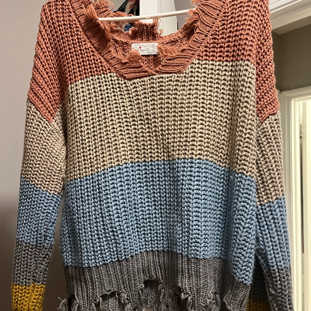 Poof! Striped Distressed V-Neck Sweater in Rust, Beige & Blue